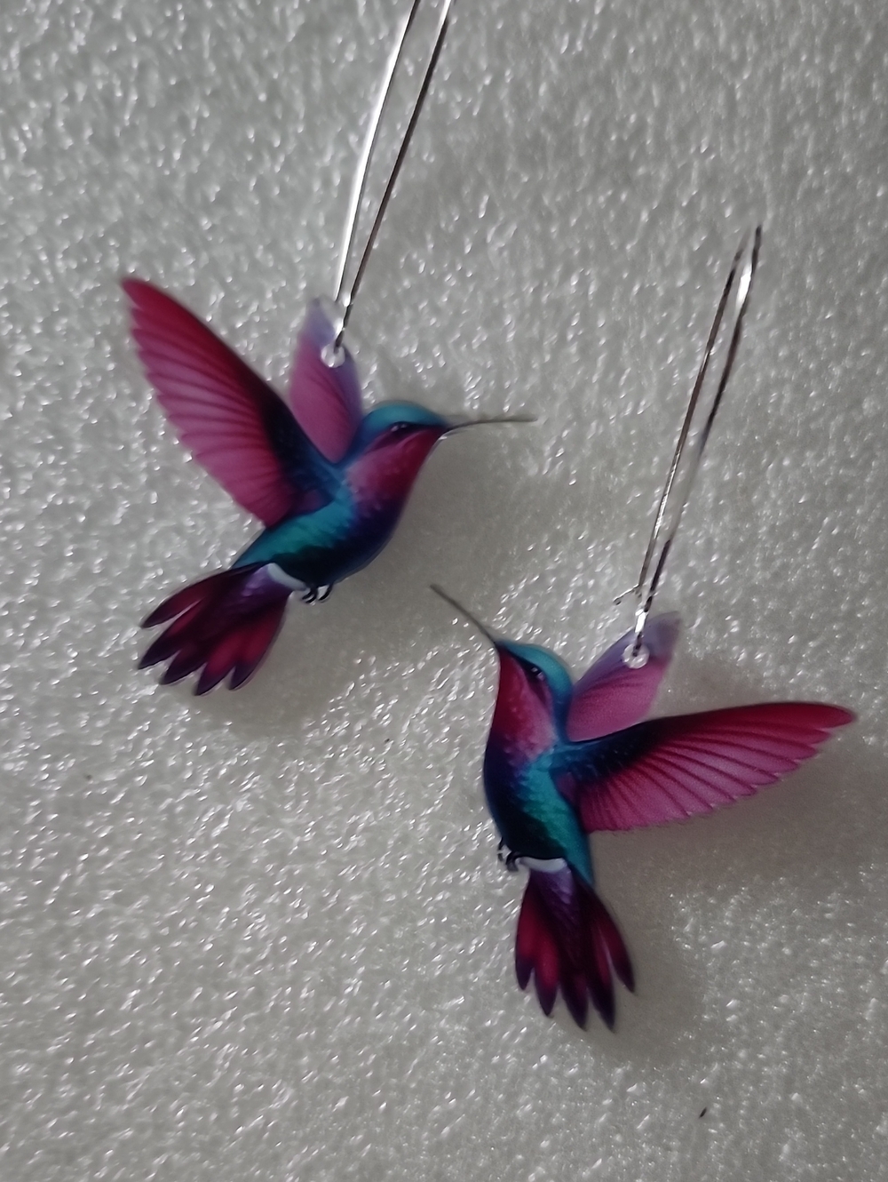 Hand Crafted Pink and Teal Hummingbird Dangle Earrings